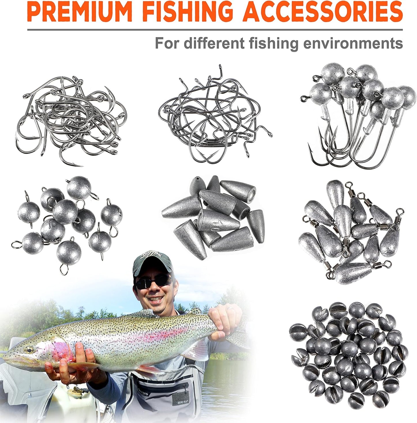 264/397Pcs Fishing Accessories Kit, Organized Fishing Tackle Box with Tackle Included, Fishing Hooks, Fishing Weights Sinkers, Swivels, Beads, Fishing Gear Set Equipment for Bass Trout