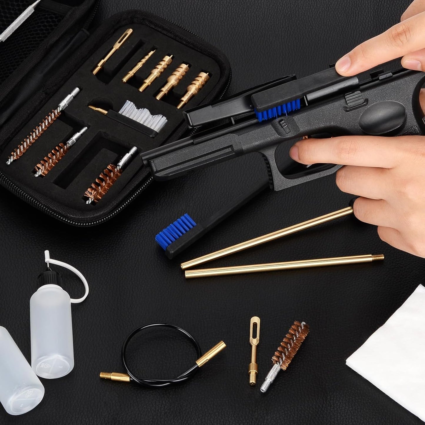 Universal Handgun Cleaning Kit .22,.357,.38,9Mm,.45 Caliber Pistol Cleaning Kit Bronze Bore Brush and Brass Jag Adapter