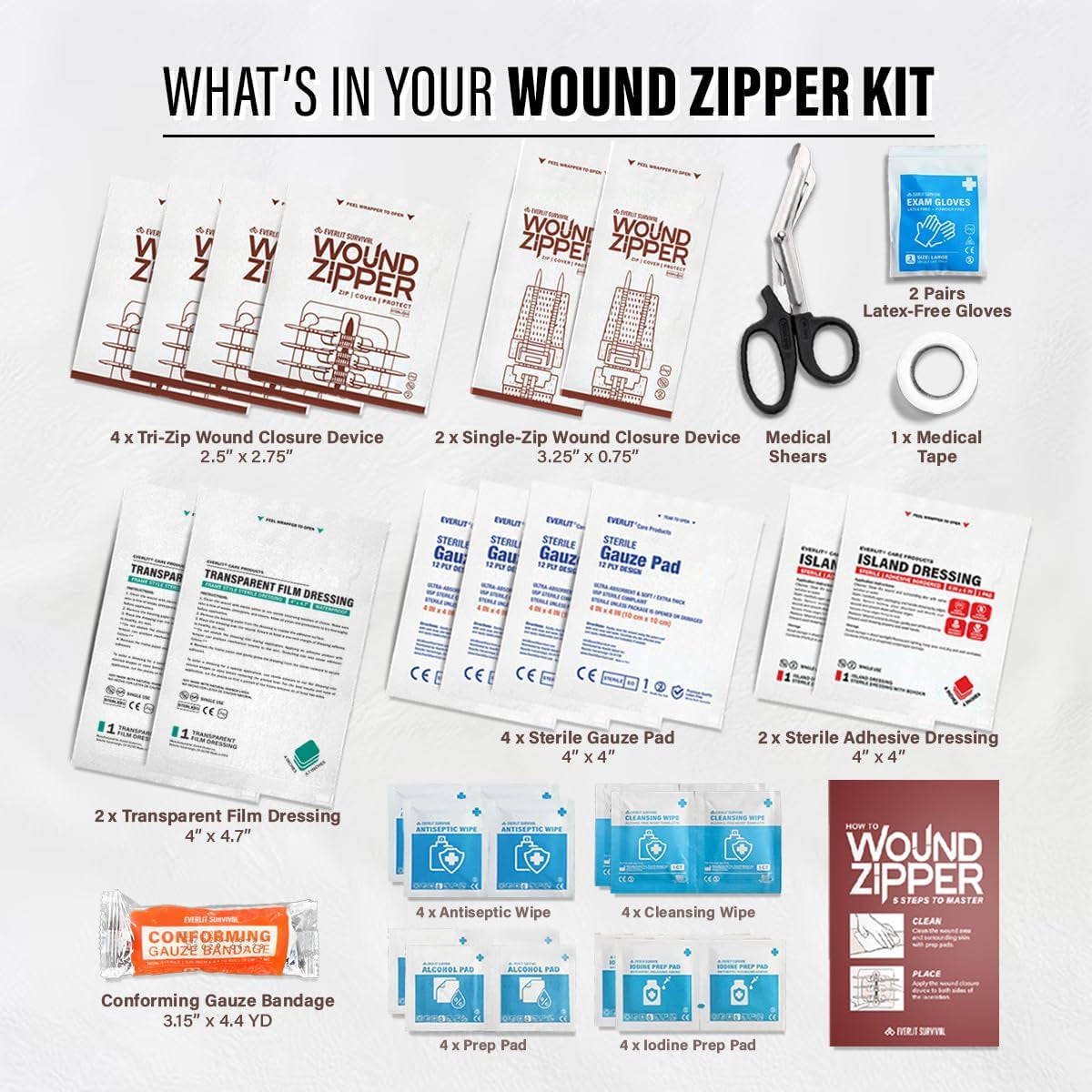 Wound Closure Kit | Surgical Zip-Stitch Devices for Cut & Laceration | Sterile, Suture-Free, Stitch-Less Adhesive Butterfly Bandages for Emergency First Aid Wound Care (6 Zip Complete Kit)