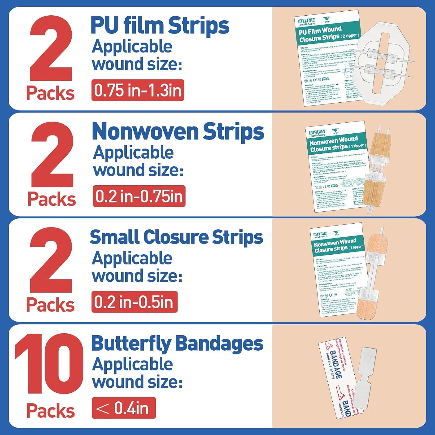 16 Pack Wound Closure Strips, 4 Types Butterfly Bandages, Emergency Laceration Closure Kit, Repair Wounds without Stitches, Quick Clot Zip Stitch Wound Closures Device