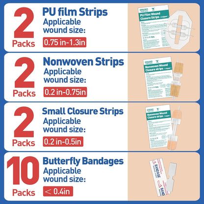 16 Pack Wound Closure Strips, 4 Types Butterfly Bandages, Emergency Laceration Closure Kit, Repair Wounds without Stitches, Quick Clot Zip Stitch Wound Closures Device