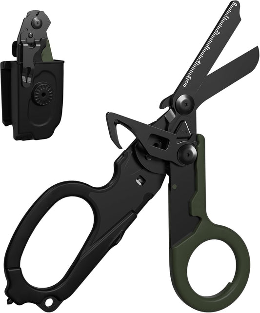 Foldable Trauma Shears with Black Holster, 6-In-1 Medical Shears for Emergency Rescue, Stainless Steel Trauma Shear Ideal for Emts, Nurses, First Responders (Green/Black)