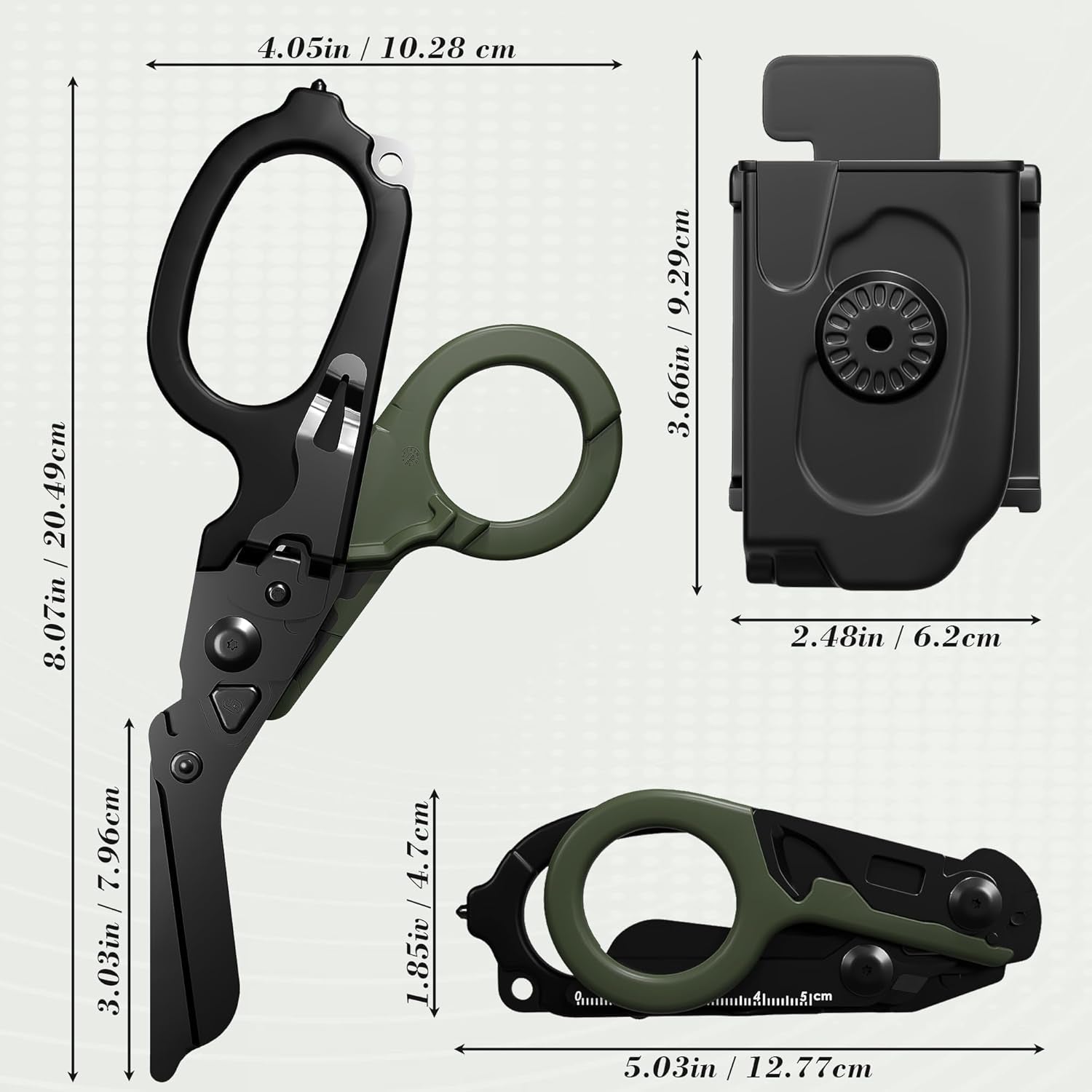 Foldable Trauma Shears with Black Holster, 6-In-1 Medical Shears for Emergency Rescue, Stainless Steel Trauma Shear Ideal for Emts, Nurses, First Responders (Green/Black)