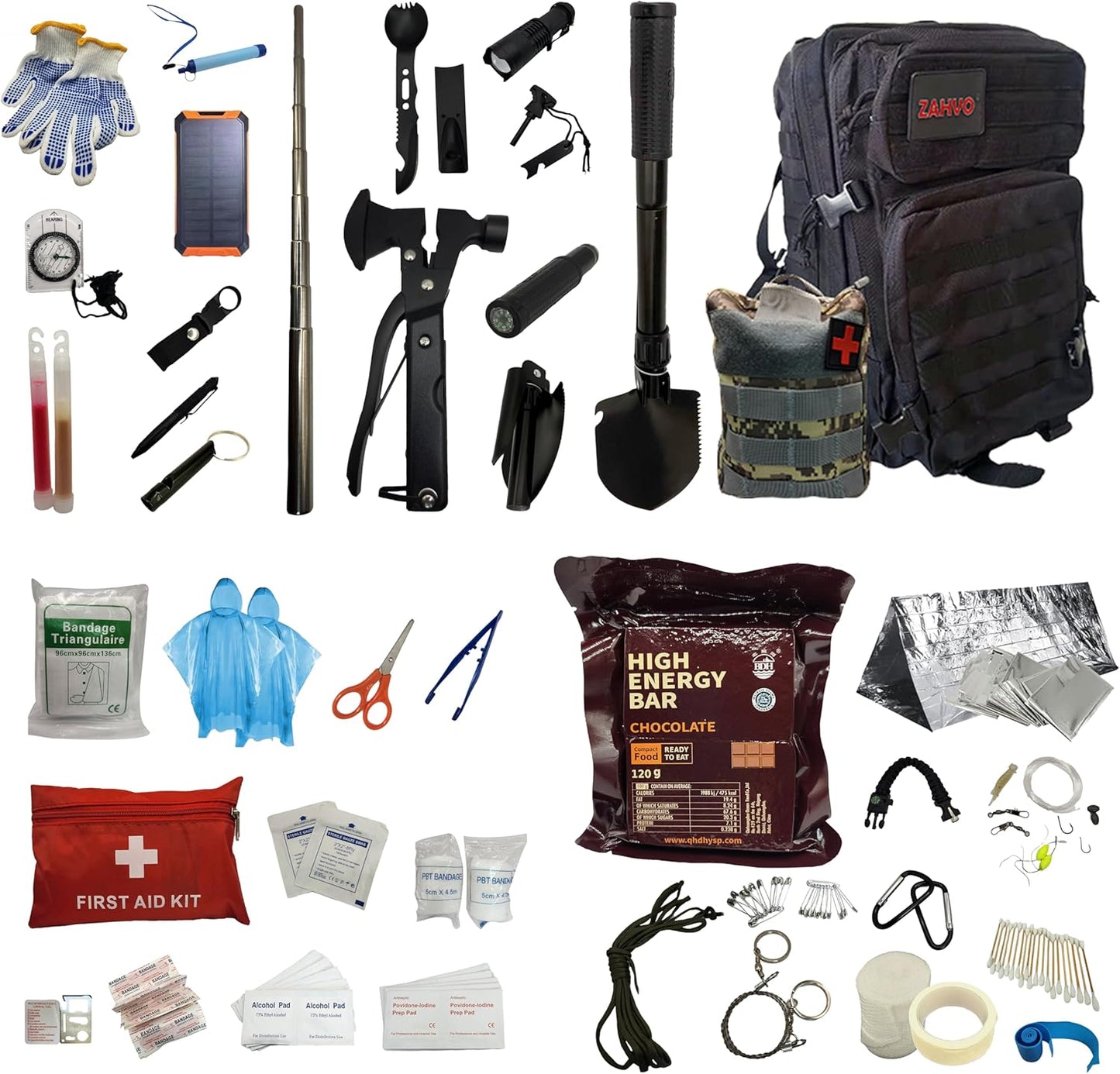 72 Hour Survival Kit with Food, Solar Power Bank, Water Purifier, First Aid & Tools - All Emergency Survival Gear and Supplies in This Bug Out Bag for Disaster Preparedness & Evacuation