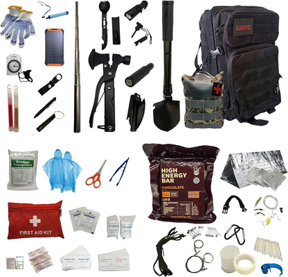 72 Hour Survival Kit with Food, Solar Power Bank, Water Purifier, First Aid & Tools - All Emergency Survival Gear and Supplies in This Bug Out Bag for Disaster Preparedness & Evacuation