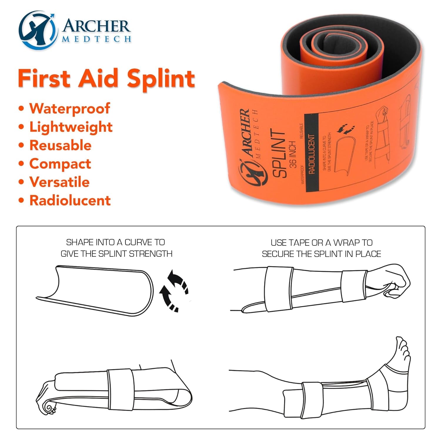 Universal First Aid Splint – 36" Moldable Aluminum Emergency Splint for Injury Immobilization – Lightweight, Waterproof, Reusable, Compact & Portable for People or Pets