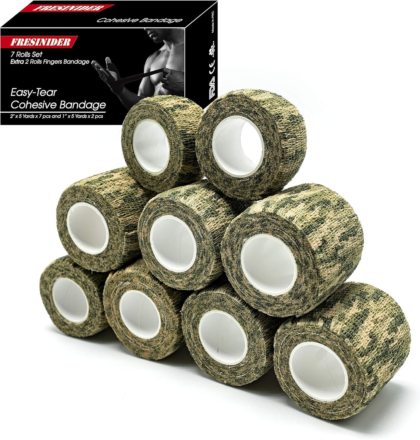 9 Rolls Self Adhesive Wrap Athletic Tape Gauze, Breathable Elastic Cohesive Bandage for Sports Injury & Pet (7 Pcs 2" X 5 Yards + 2 Pcs 1" X 5 Yards) (Woodland Multicam Camo)