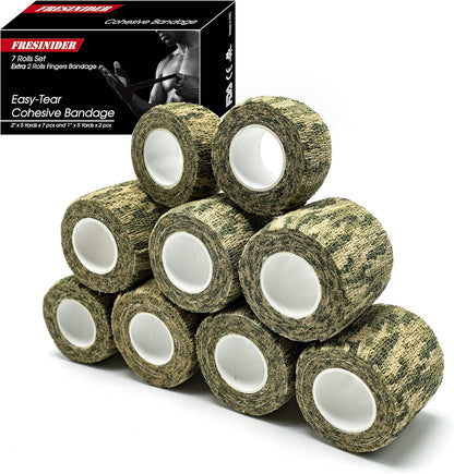 9 Rolls Self Adhesive Wrap Athletic Tape Gauze, Breathable Elastic Cohesive Bandage for Sports Injury & Pet (7 Pcs 2" X 5 Yards + 2 Pcs 1" X 5 Yards) (Woodland Multicam Camo)