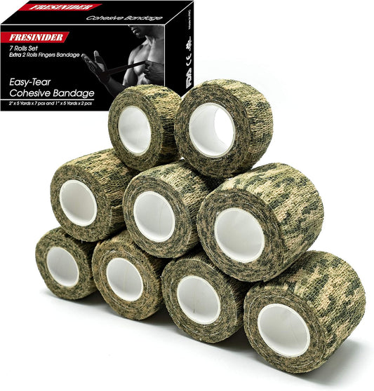 9 Rolls Self Adhesive Wrap Athletic Tape Gauze, Breathable Elastic Cohesive Bandage for Sports Injury & Pet (7 Pcs 2" X 5 Yards + 2 Pcs 1" X 5 Yards) (Woodland Multicam Camo)
