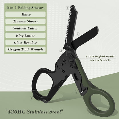 Foldable Trauma Shears with Black Holster, 6-In-1 Medical Shears for Emergency Rescue, Stainless Steel Trauma Shear Ideal for Emts, Nurses, First Responders (Green/Black)