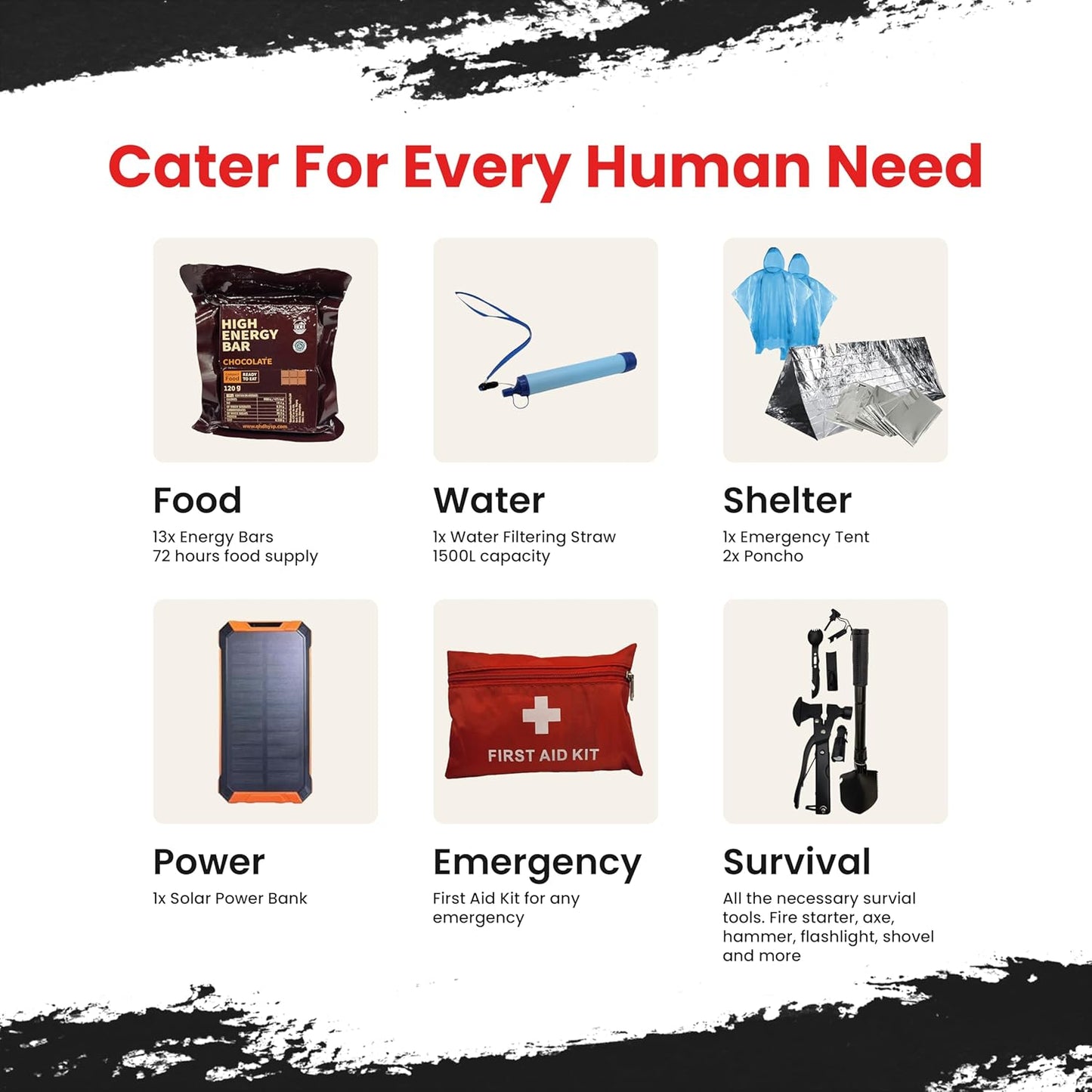 72 Hour Survival Kit with Food, Solar Power Bank, Water Purifier, First Aid & Tools - All Emergency Survival Gear and Supplies in This Bug Out Bag for Disaster Preparedness & Evacuation