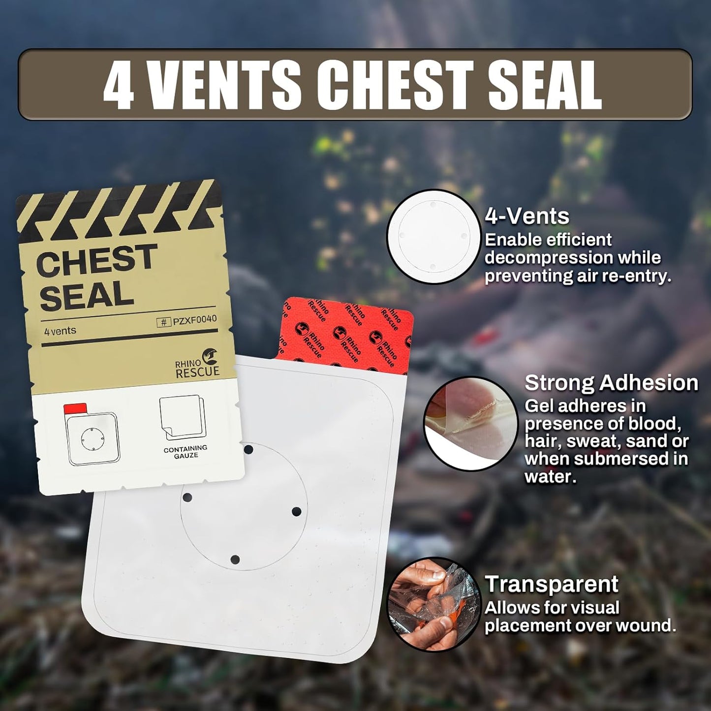 Vented Chest Seal, 4 Vents, Sterile Emergency Trauma Dressing, Occlusive Adhesive Pad, IFAK Trauma Refill Medical First Aid Supplies for Wound Care, Gunshot Wound, Sucking Chest(2 Count)